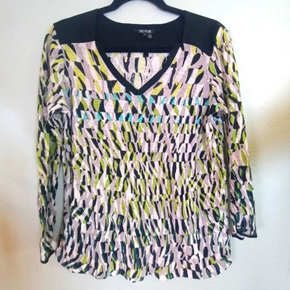 Nic + Zoe Linen Viscose Blend Sheer Knit Mixed Media Casual Silky Sweater Shirt